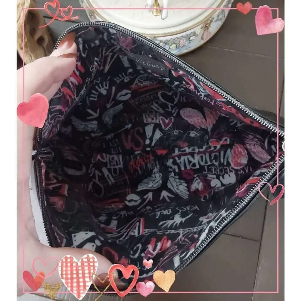 VICTORIAS SECRET Black & Pink Vinyl Winged Heart Embossed Roomy Makeup Bag